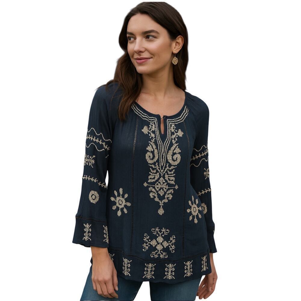 Anthropologie Monoreno Cross-Stiched Tunic, Boho, festival, Hippie Blue/White, M